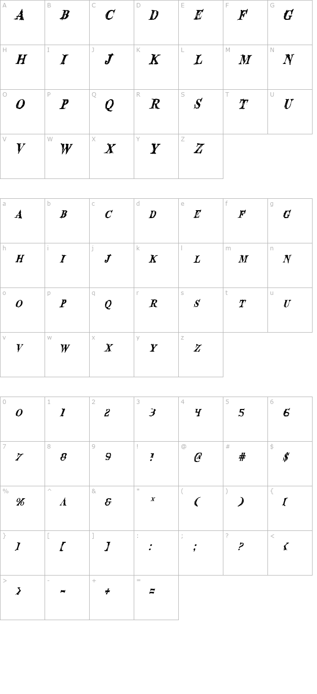 blood-crow-condensed-italic character map