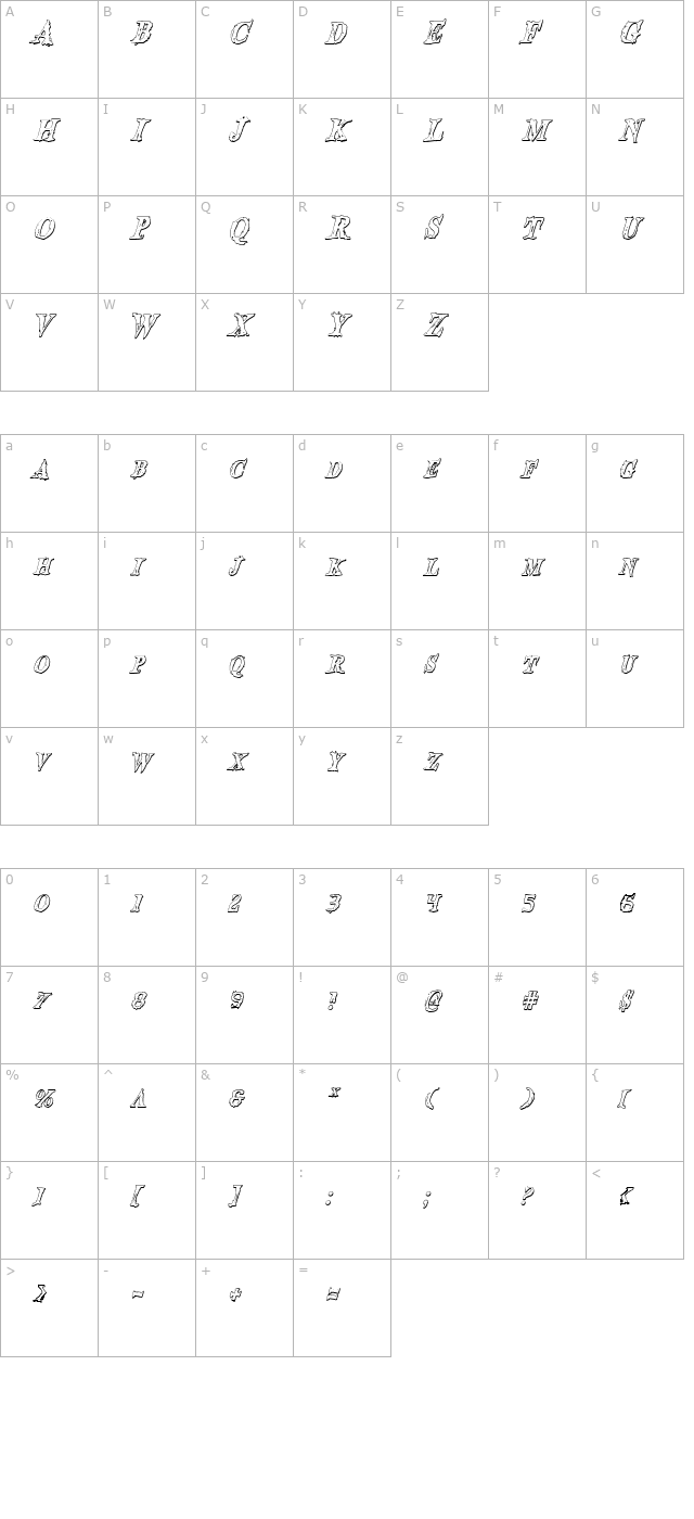 Blood Crow Shadow Condensed Italic character map