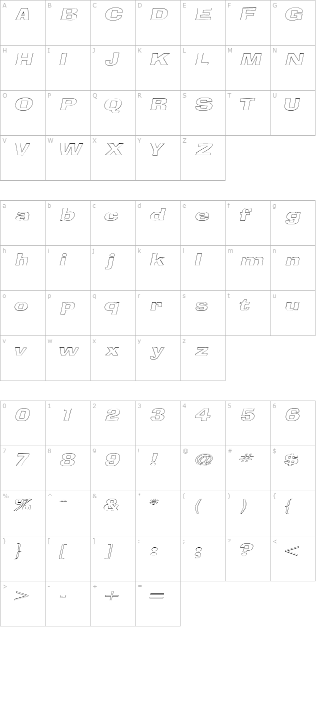 BloxOutlineExtended Italic character map