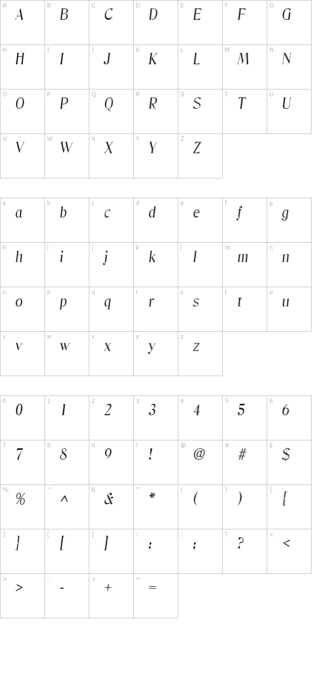 Blue Ridge Light SF Italic character map