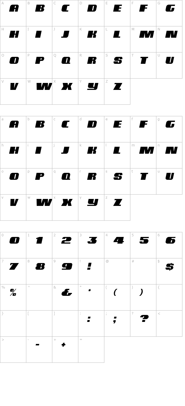 BlutussCaps Italic character map