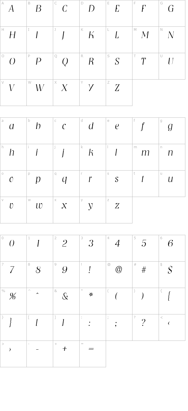 bobbecker-extralight-italic character map