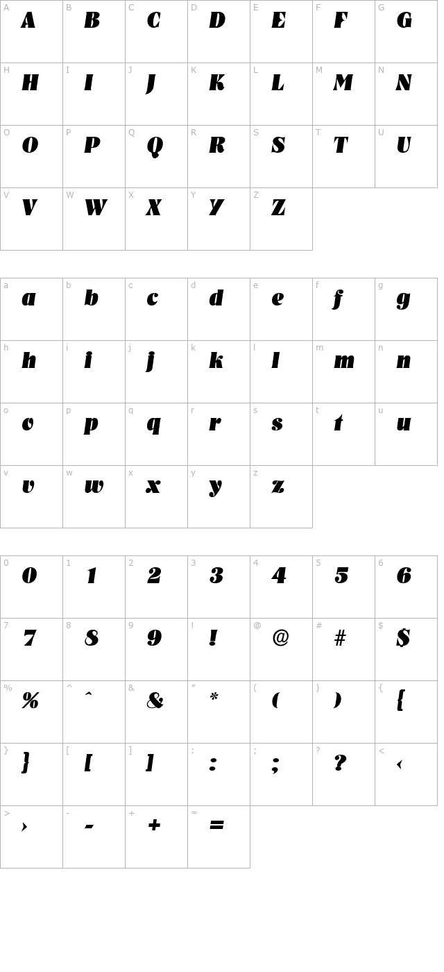 bobbecker-heavy-italic character map