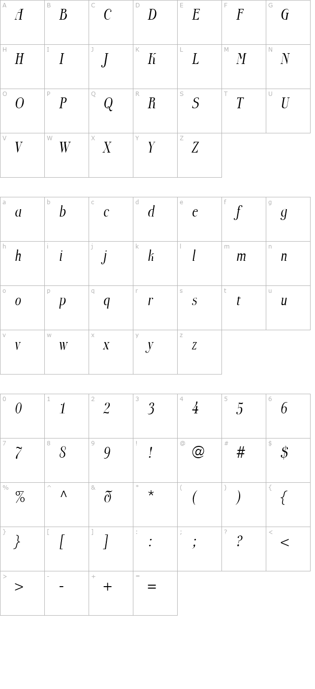 Boberia LL Light Italic character map