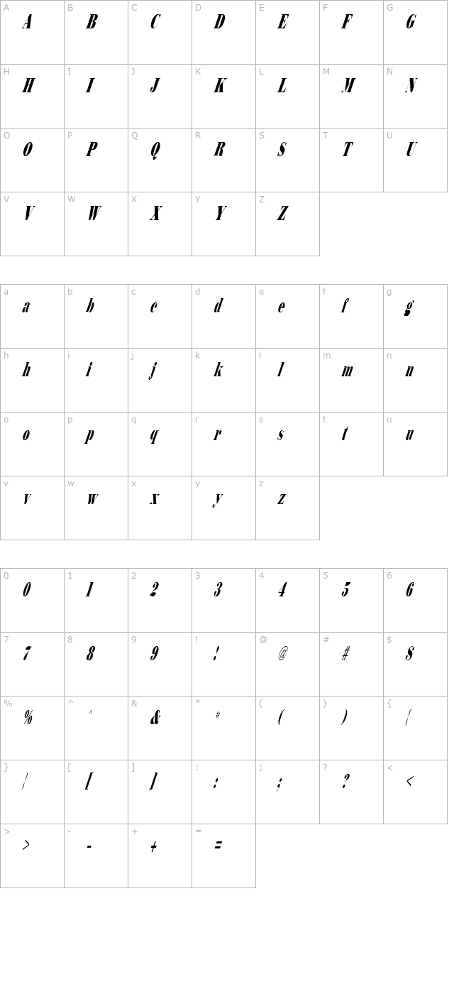 bodidly-italic character map