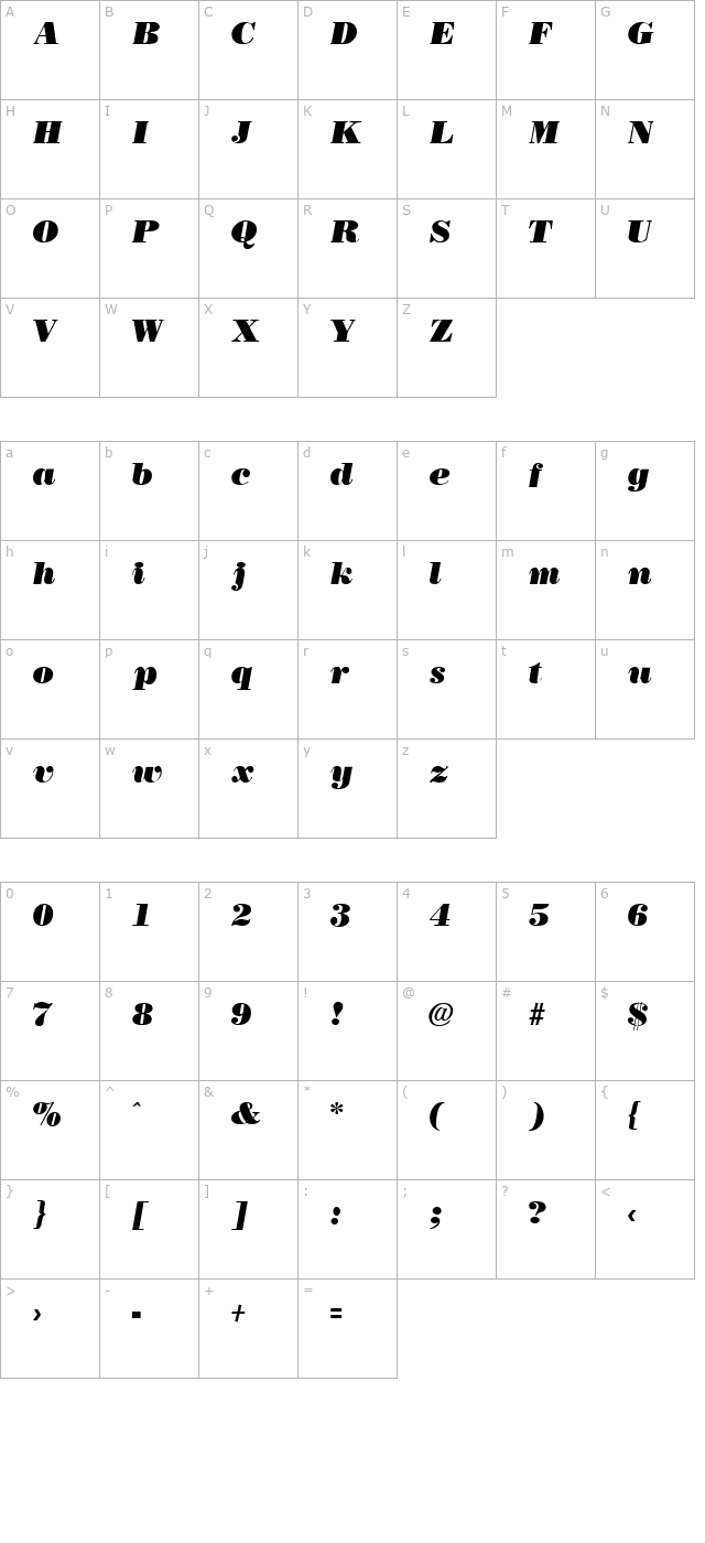 Bodonoff Ultra Italic character map