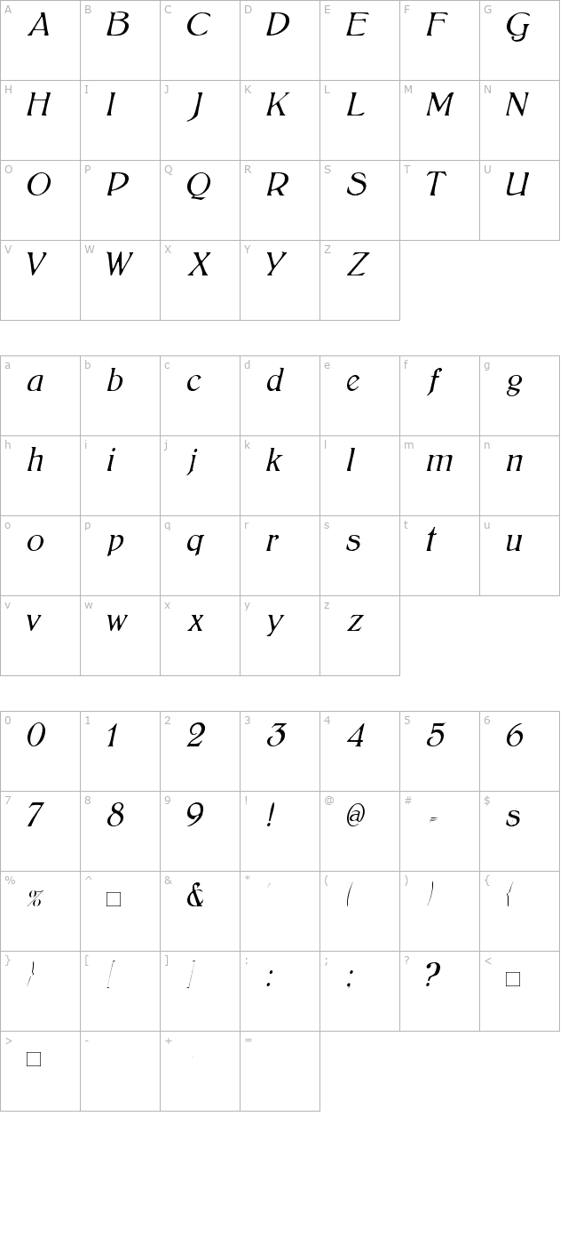 BoltonLightItalic character map