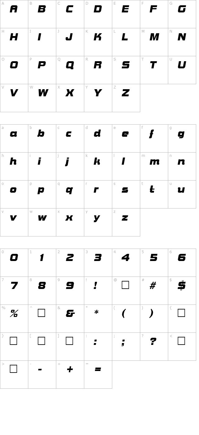 Bolts SF Italic character map