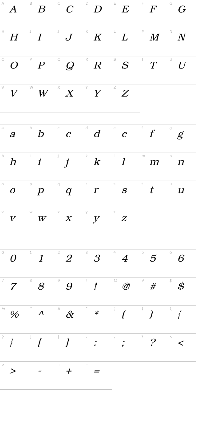 Bookman Italic character map