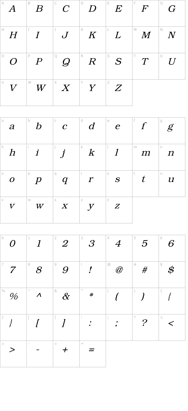 bookman-italic character map