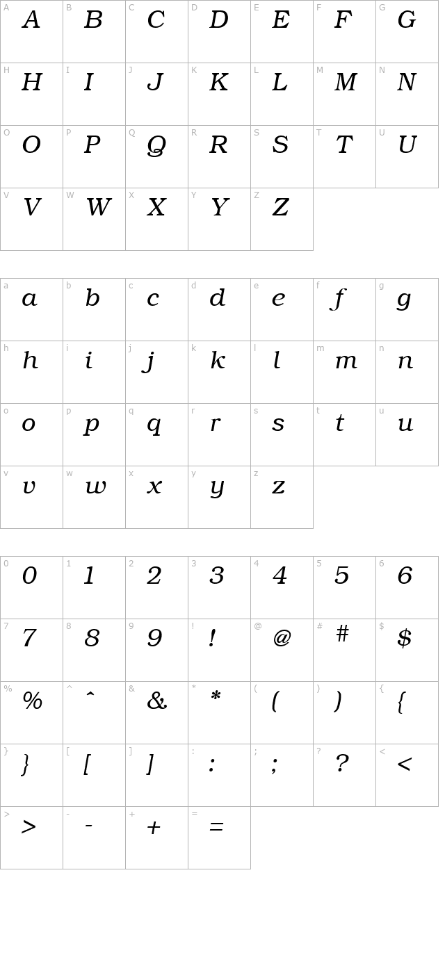 bookman-light-italic character map