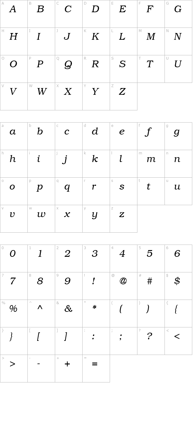 Bookman Light SSi Light Italic character map