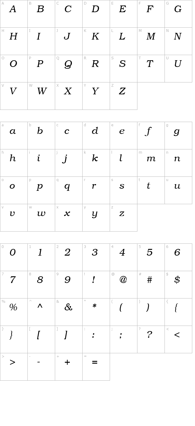 bookwomansh-light-italic character map