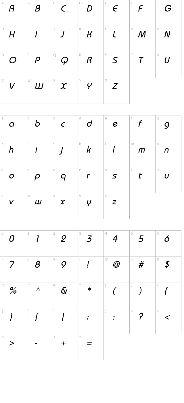 Bordeaux Italic character map