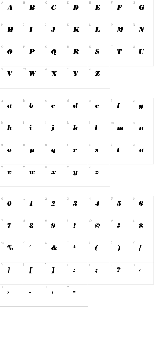 BostonBlack Italic character map