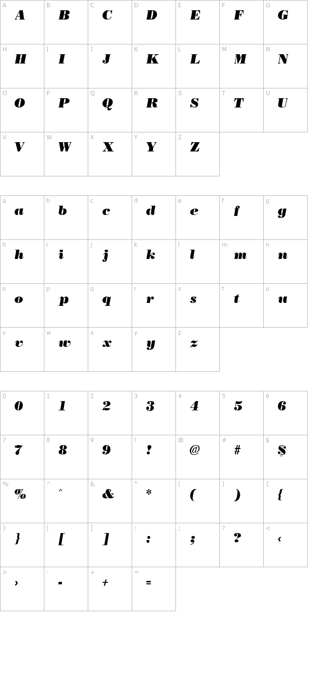 bostonblack-italic character map