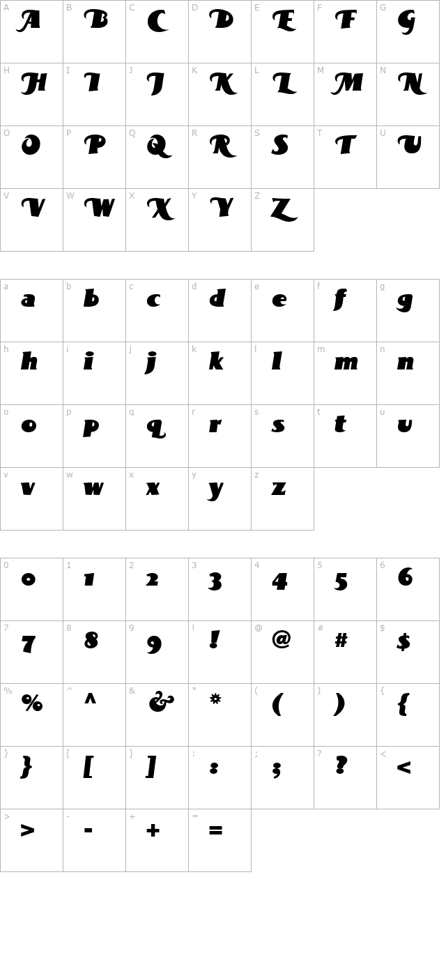 bottlekaps-swash-italic character map