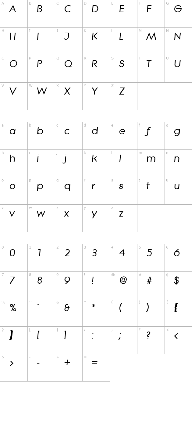 bradbecker-bold-italic character map