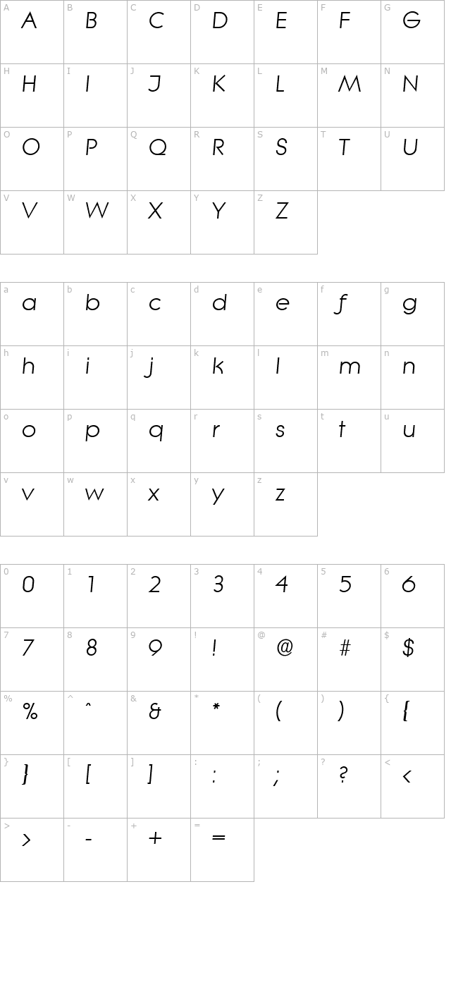 bradbecker-italic character map