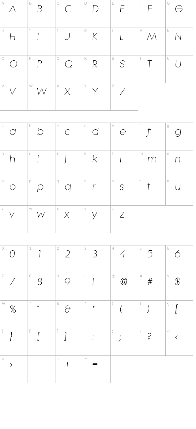 bradbecker-light-italic character map