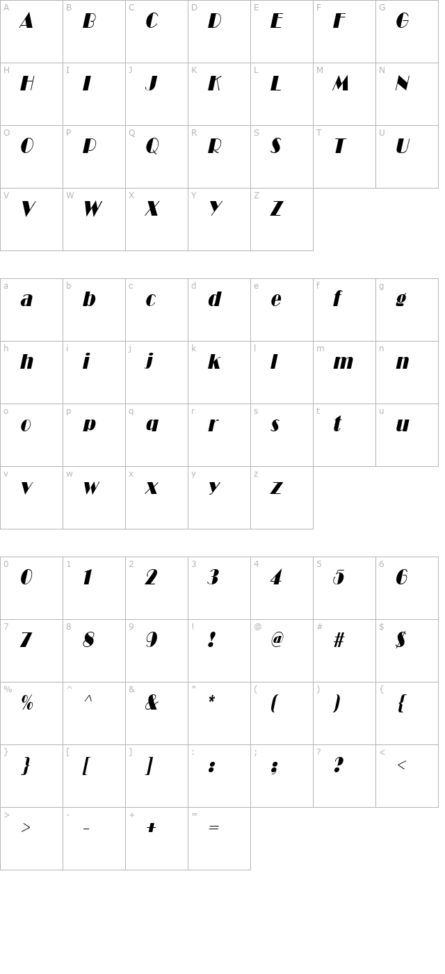 Brando Condensed Italic character map