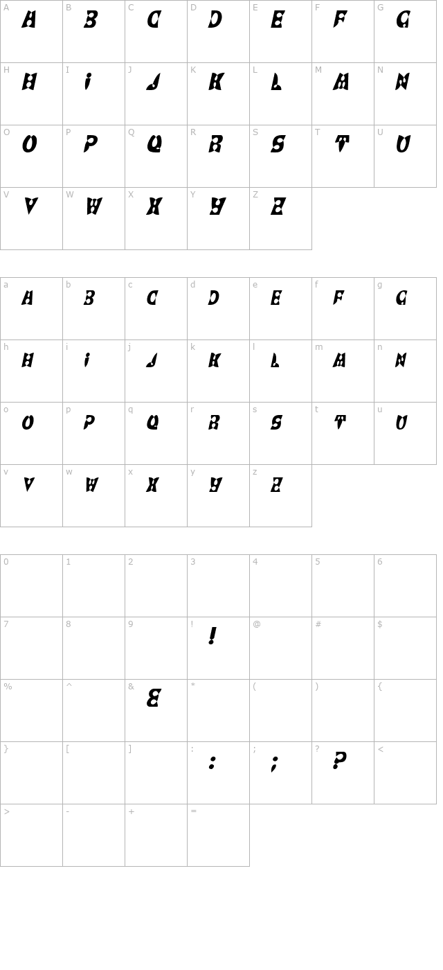 BrashDisplayCaps Italic character map