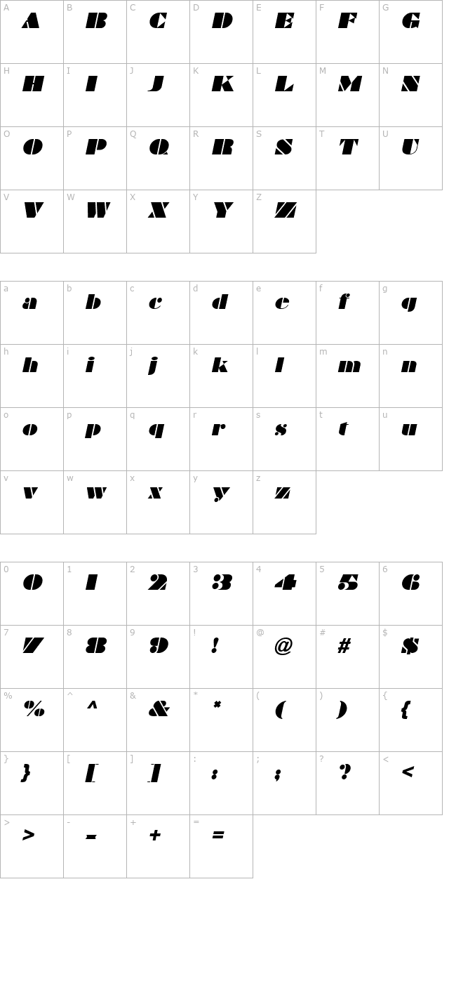 Bravado Italic character map