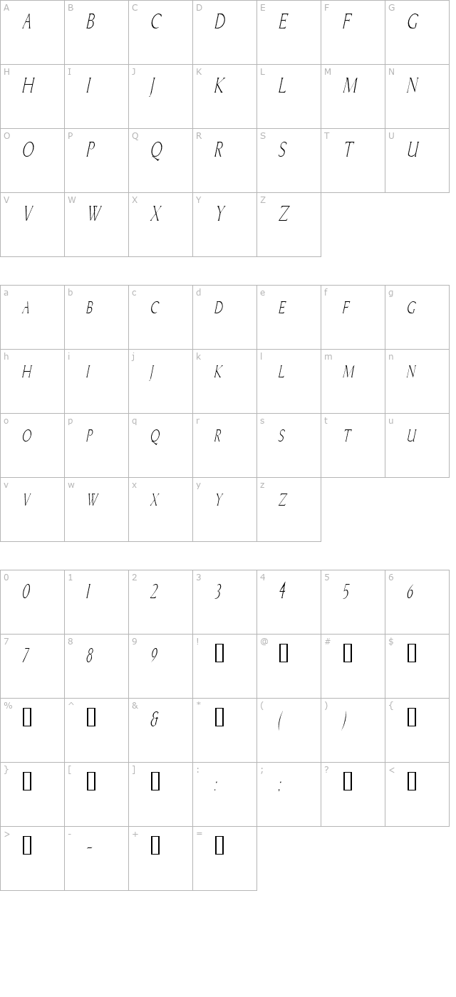 bricecondensed-italic character map