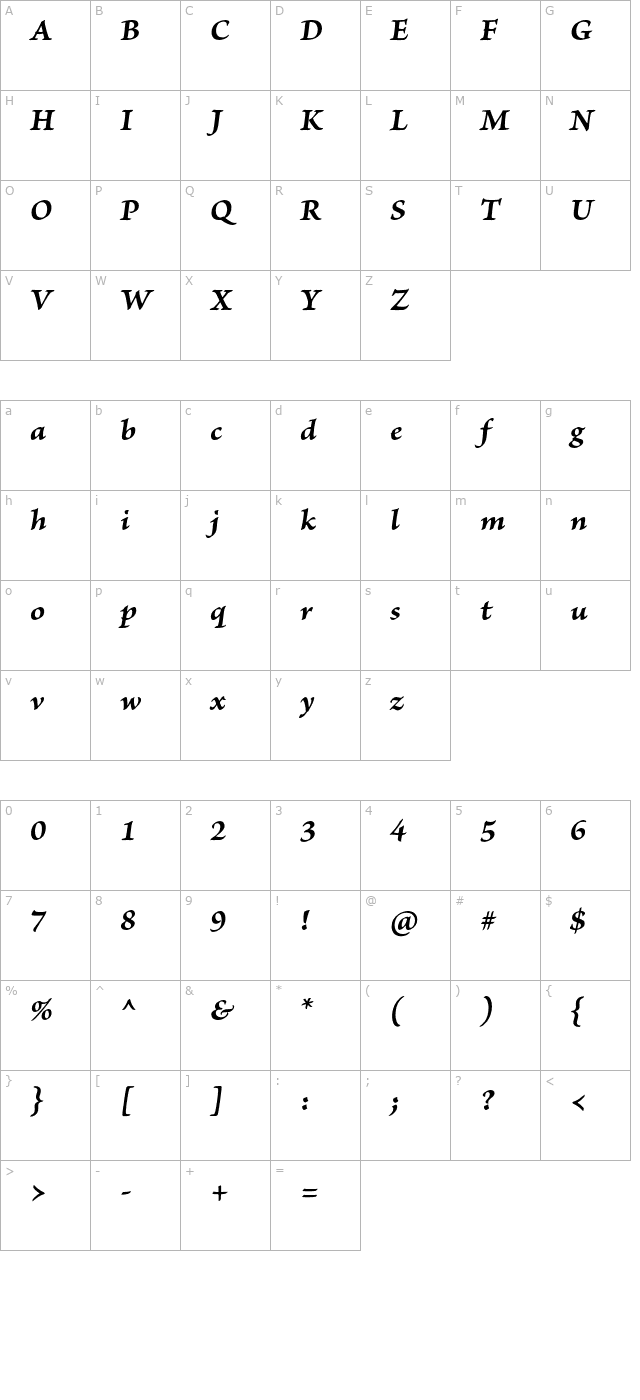 BriosoPro-BoldItCapt character map