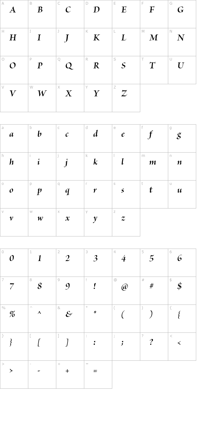 BriosoPro-BoldItDisp character map