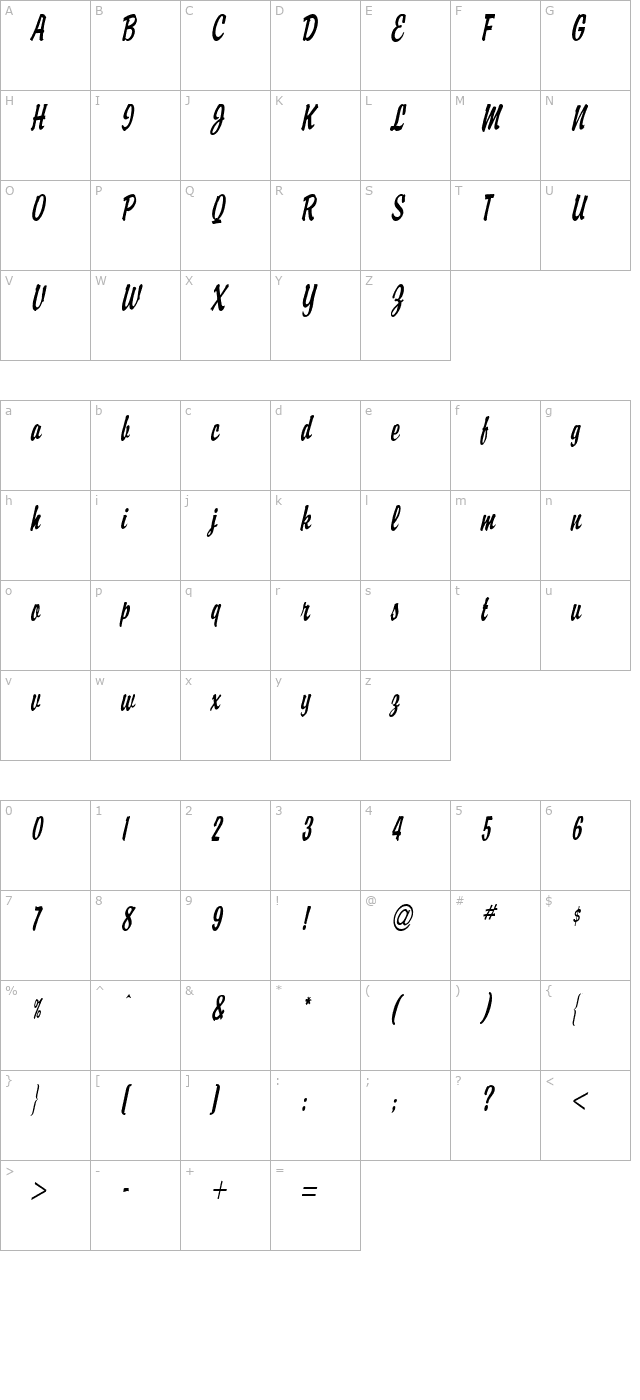 Brisk Italic character map