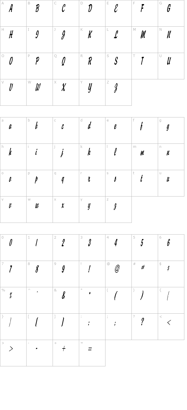 brisk-thin-italic character map