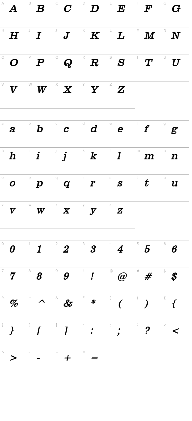 Broadcast Bold Italic character map