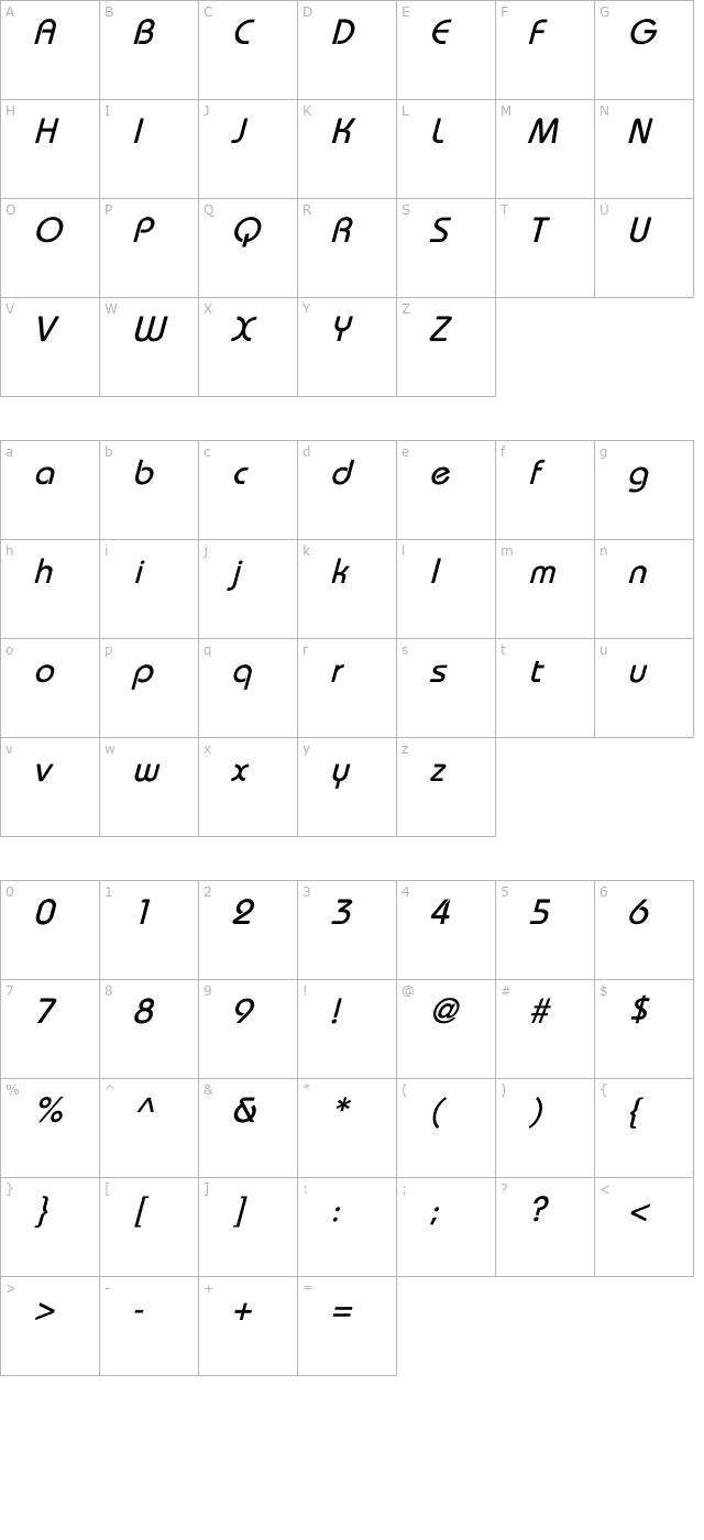 Brookhouse Italic character map