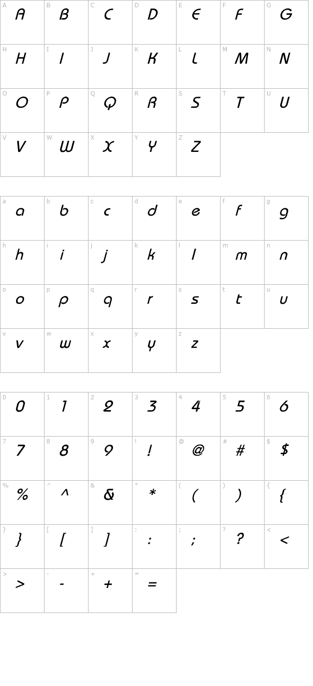 brookhouse-italic character map