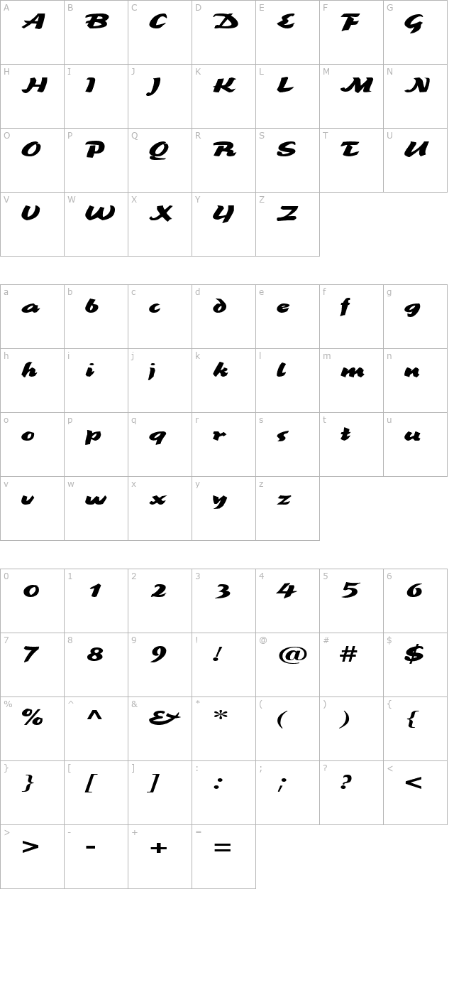 brookscriptwide character map