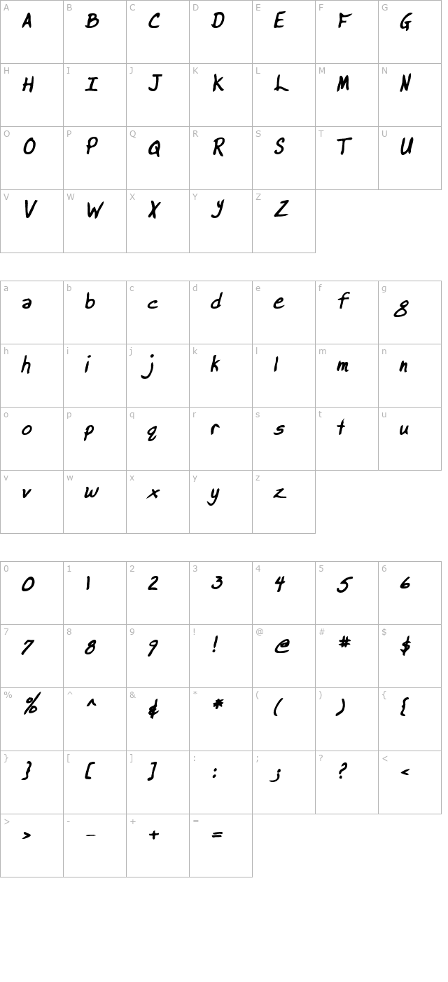 BrooksHand Bold Italic character map