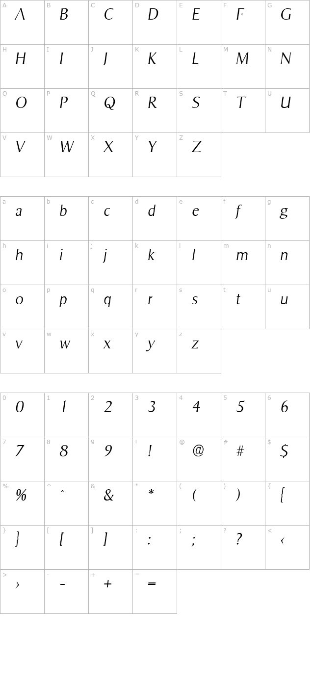 brucebecker-extralight-italic character map