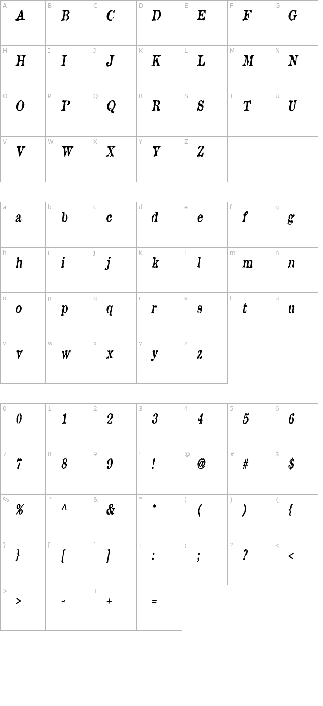 BrunineCnd BoldItalic character map