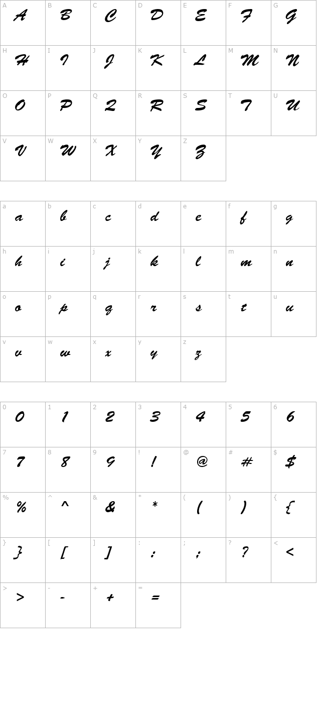 Brushed Script character map