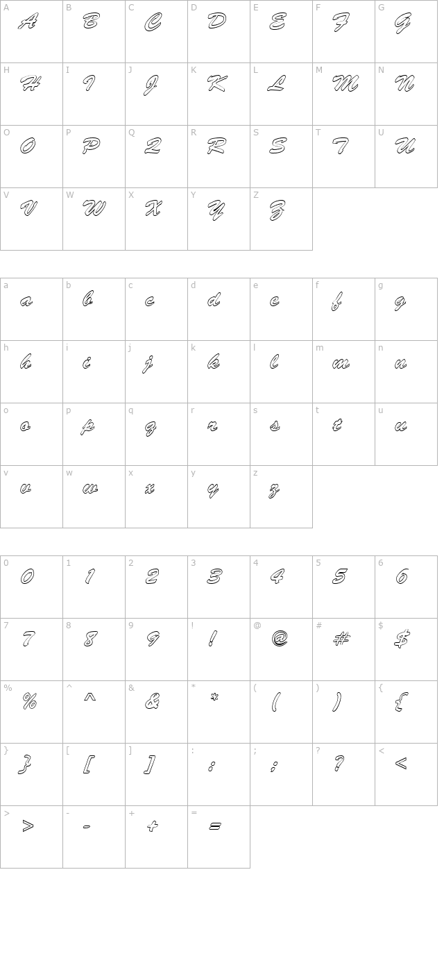 BrushedScript Hollow character map