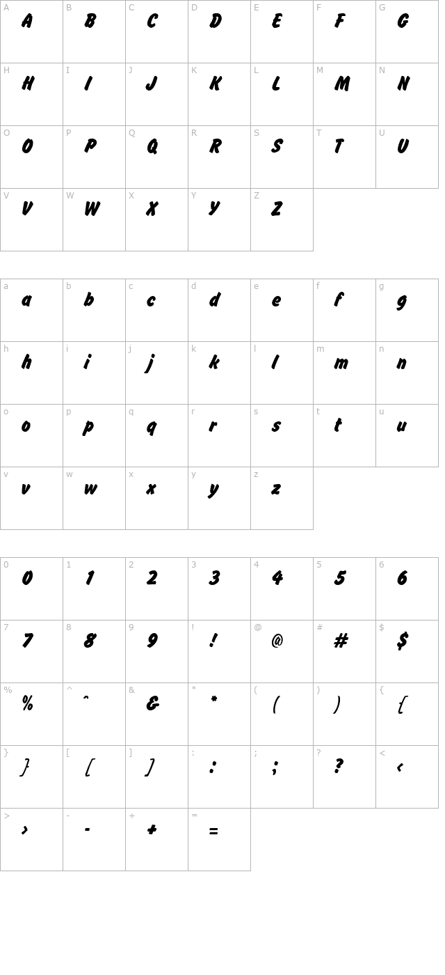 BrushHand Regular character map