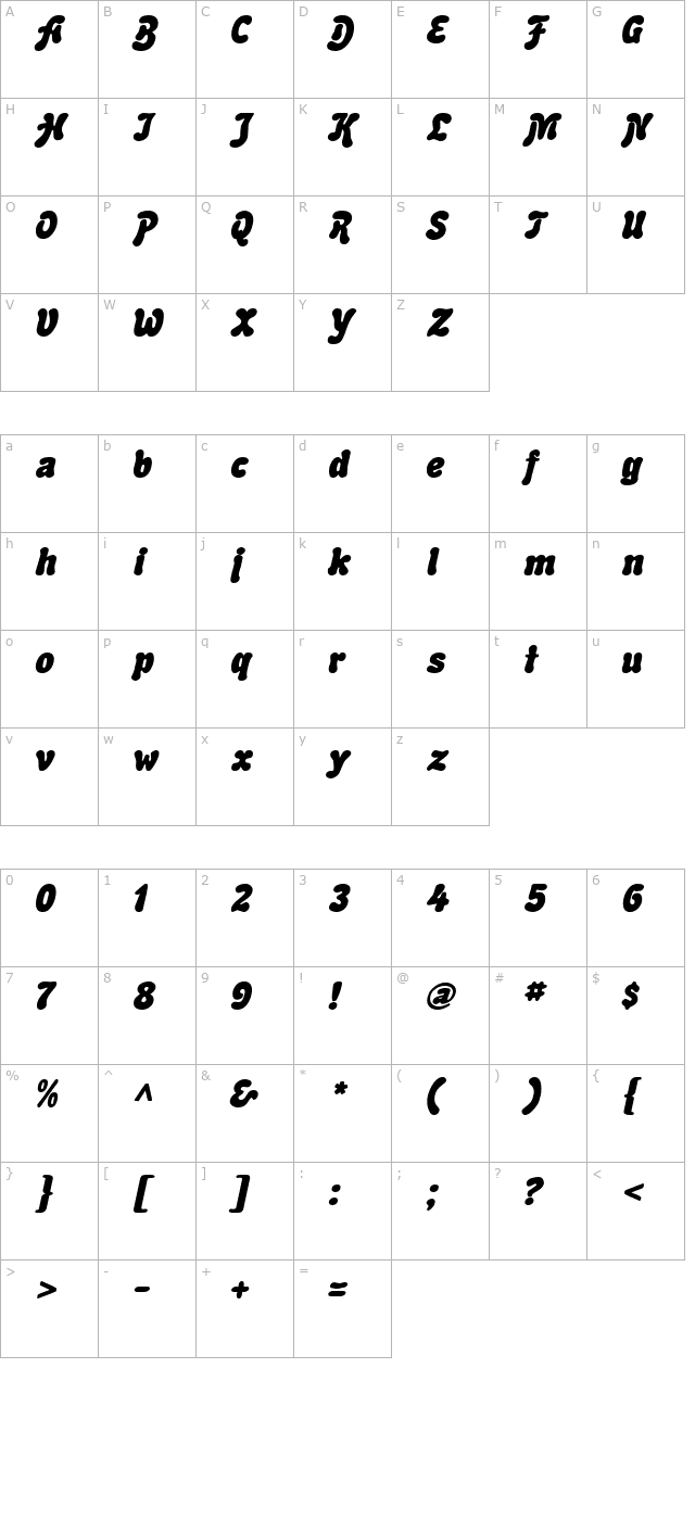 BubbleSoft Italic character map