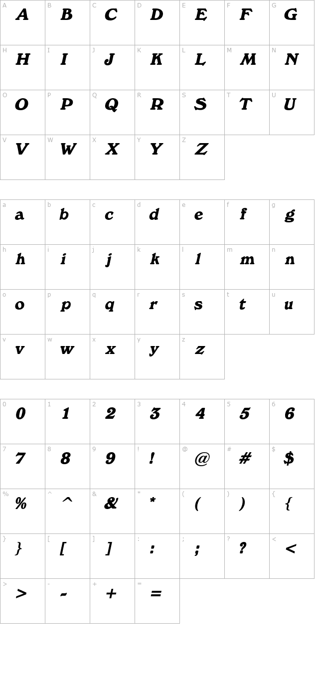 Buckingham BoldItalic character map