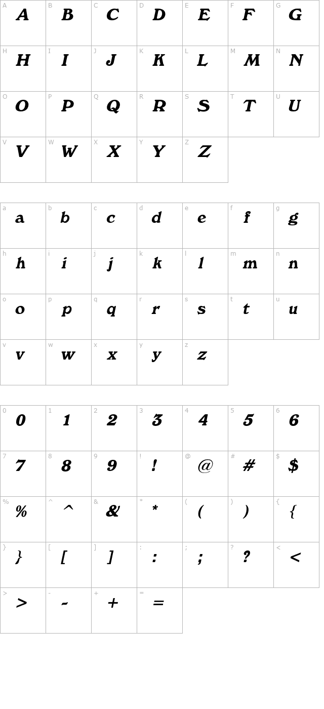 Buckingham Italic character map