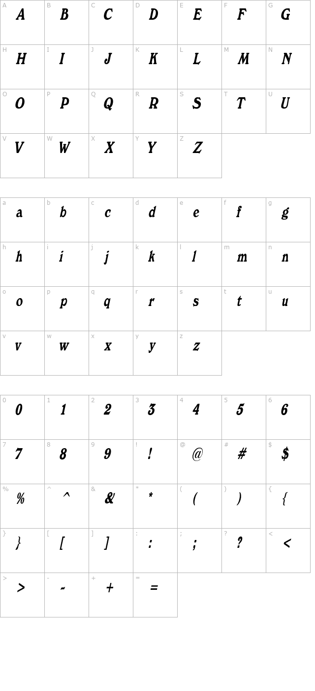 BuckinghamCondensed Italic character map