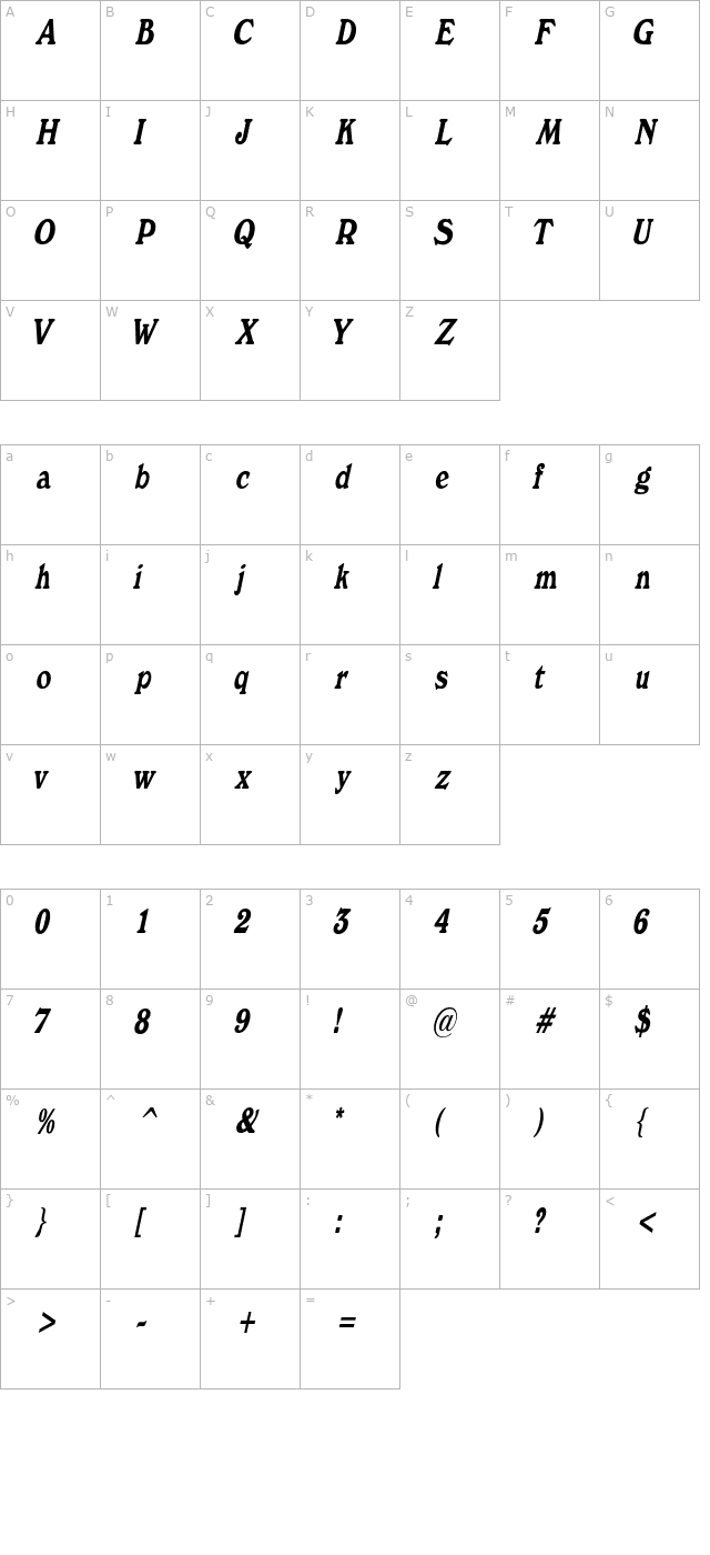 buckinghamcondensed-italic character map