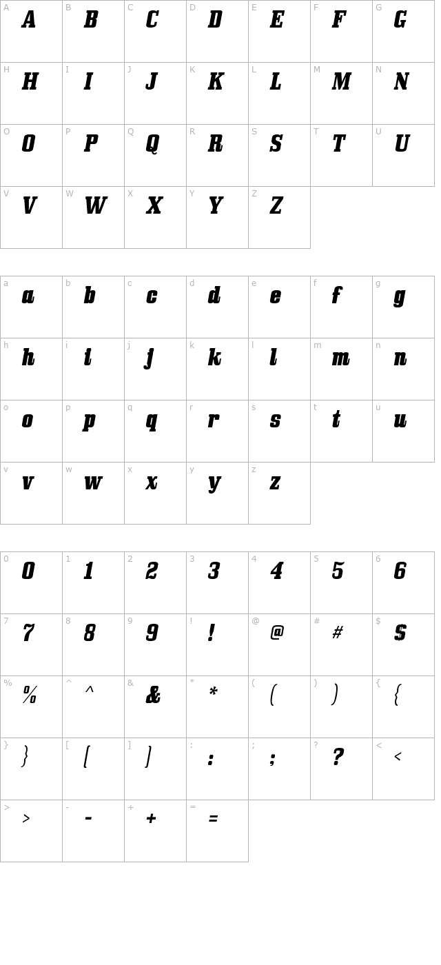 bullpen-italic character map