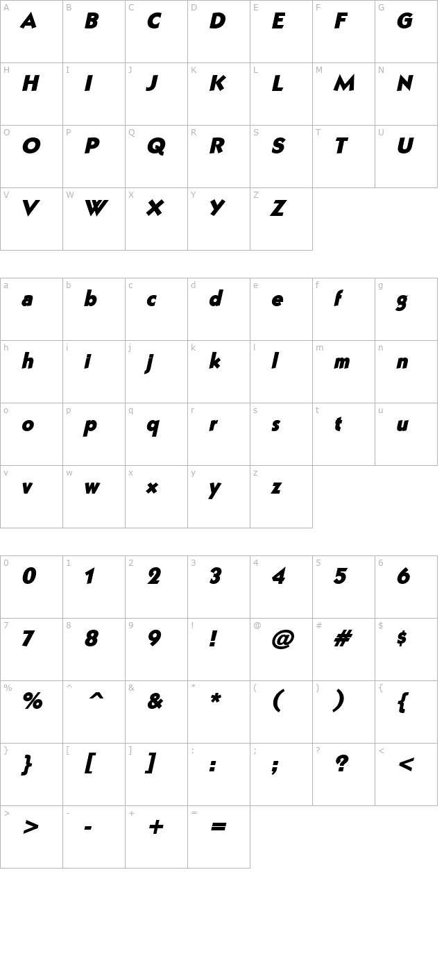 Bully BoldItalic character map