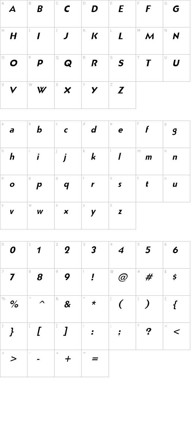 Bully Narrow Italic character map